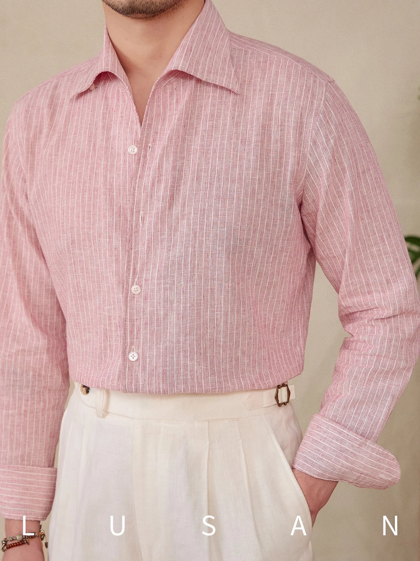

Men's Long Sleeve Shirt Summer Lightweight Thin Cotton Linen Striped Casual Shirt One-Piece Collar Slim Fit Gentleman Tops