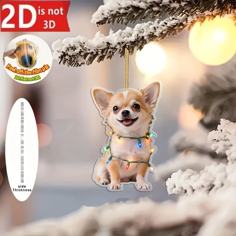2D Chihuahua With Christmas Lights Pendant Cute Acrylic Keychain Flat Charms Hanging Decor for Car Bag Festive Gifts For Friends