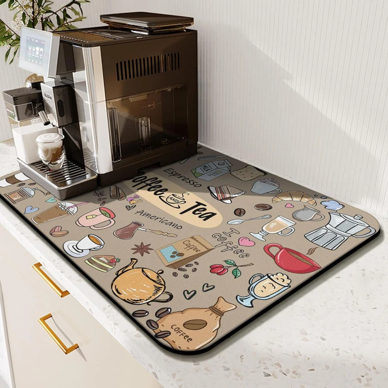 VIKAMA Kitchen Drain Mat Black Coffee Latte CAFE Print Kitchen Counter Mat Highly Absorbent Fast Drying Anti Skid Flexible