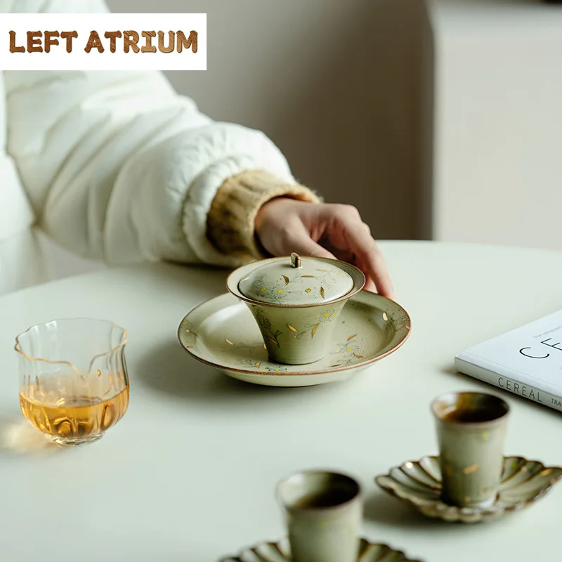 120ml Outline in Gold Tea Bowl Hand-painted Small Daisies Gaiwan Retro Tea Tureen Tea Making Cover Bowl Tea Ceremony Gift Kettle