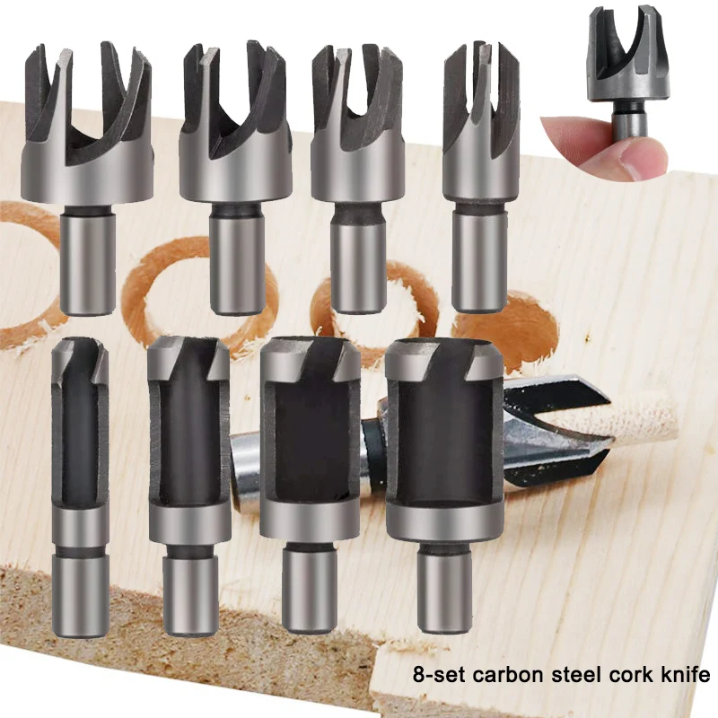 8pcs 3/8-inch Shank Carbon Steel Cutter Wooden Dowel Cutting Bits Cylindrical Claw Dowel Drill Bits Round Shank Combo Set