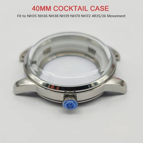Caja de reloj de cóctel de 40mm compatible con NH38 NH35, cubierta trasera transparente de cristal con arco de movimiento automático, caja plateada de acero, esfera de 35mm