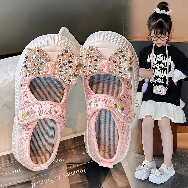 Crianças sapatos de princesa com arco brilhante doce meninas sapatos casuais antiderrapante sola macia 2025 nova moda crianças sapatos planos respirável