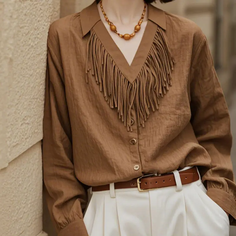 

Коричневая рубашка Maillard с v-образным вырезом и кисточками для женщин, свободные рубашки в ленивом стиле во французском стиле ретро, крутой стиль, высококачественный топ, осенние рубашки с длинными рукавами