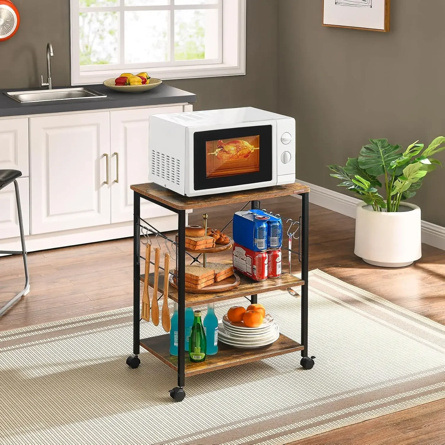 NEW IRONSTONE Baker's Rack, Kitchen Microwave Cart, Coffee Bar Table Station, 3-Tier Kitchen Utility Storage Shelf with Rolling