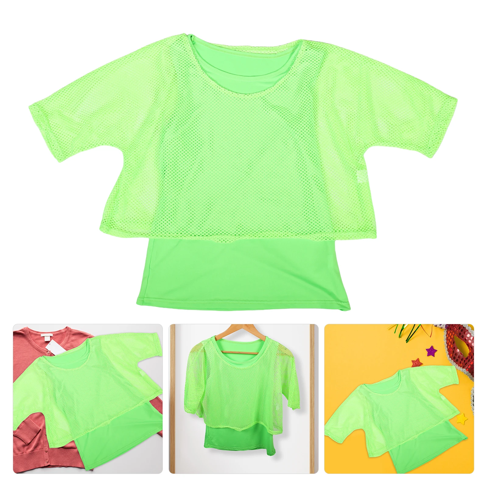 

Retro Neon Fishnet T-shirt Set Crop Top Outfit for Women Summer Breathable Carnival Party Costume Green Neon Party Costume