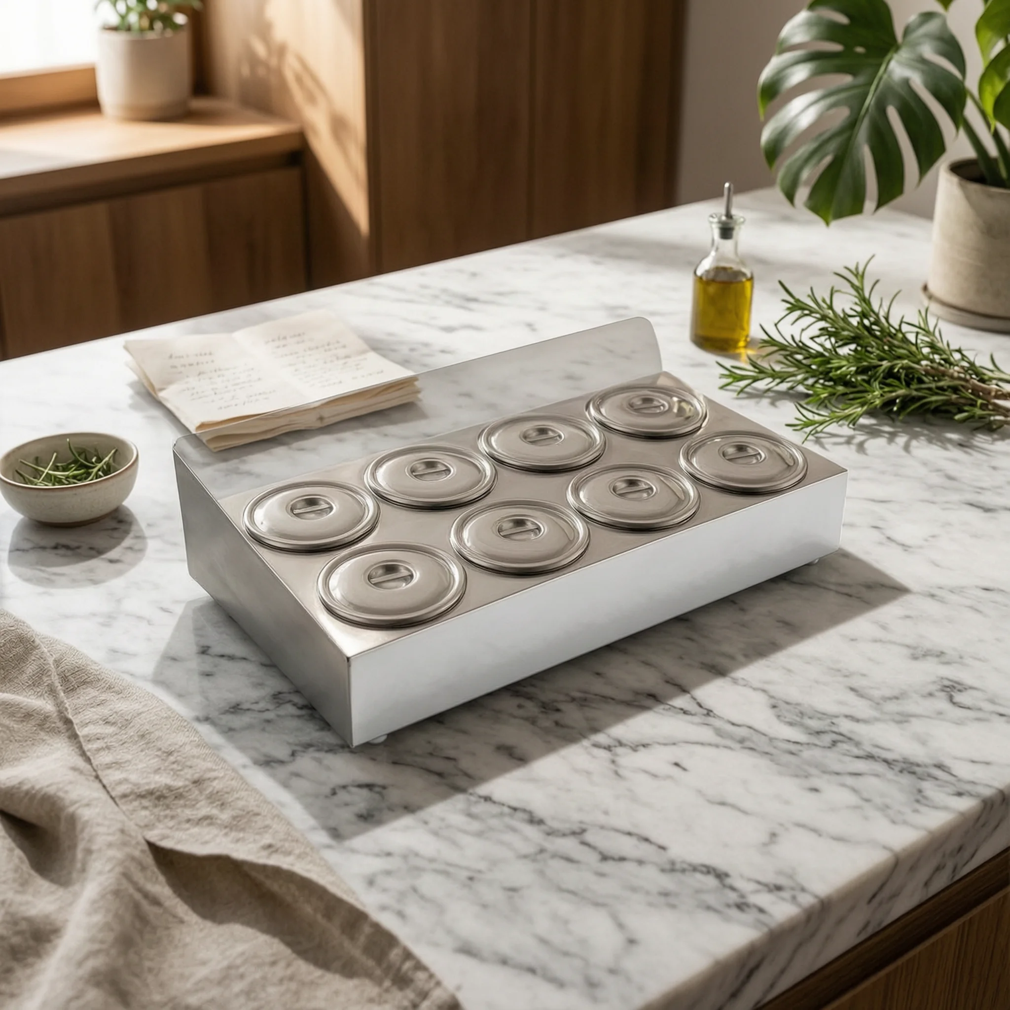 8-Compartment Seasoning Box Easy to Clean Condiment Station with Lids Stainless Steel Seasoning Tray Food-Safe for Chefs