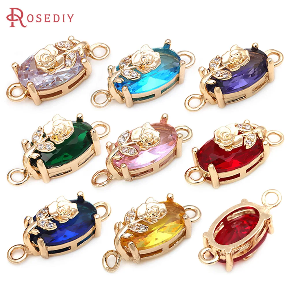 6PCS 18K Gold Color Brass Zircon Glass 2 Holes Oval Flower Connect Charms Pendants High Quality Necklace Earrings Diy Jewelry