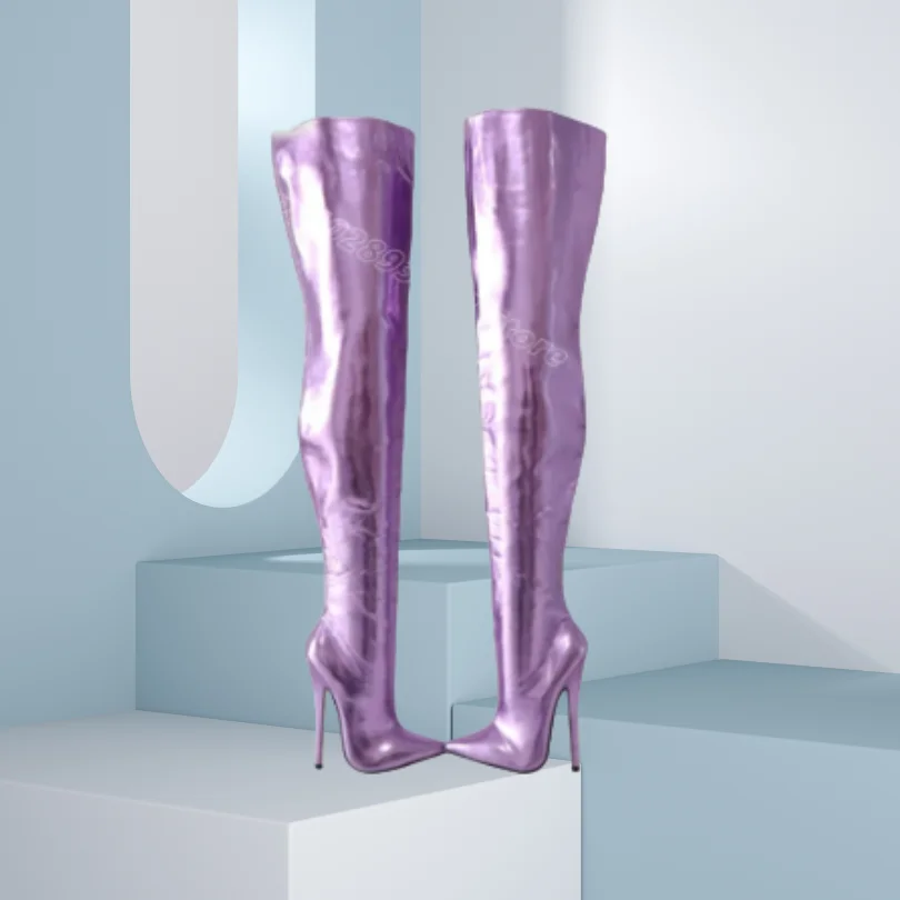 

Purple Side Zipper Over Knee Boots Patent Leather British Style Casual Party Stiletto Women Sexy Boots 2024 Zapatos Para Mujere