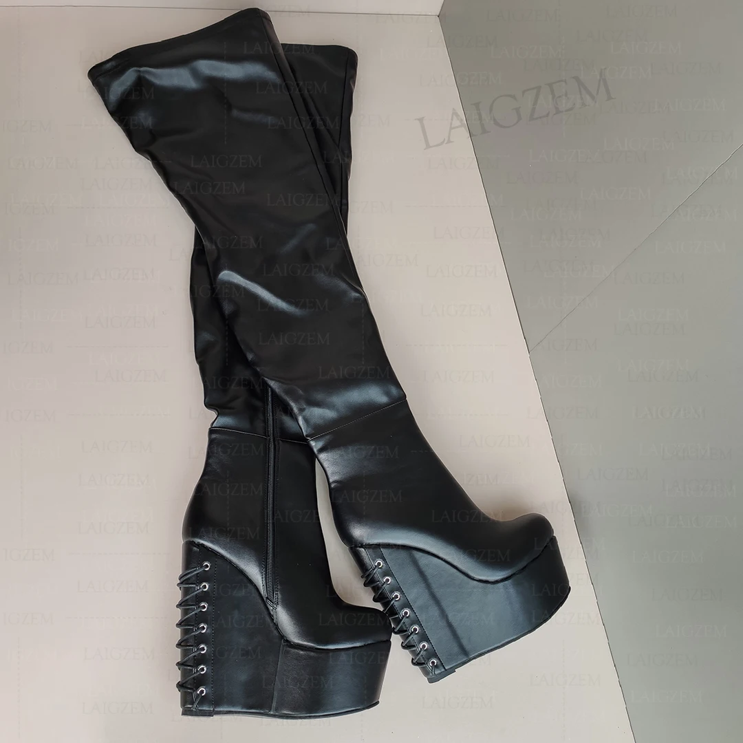 BERZIMER-Cuissardes en similicuir pour femmes, compensées à plateforme, bottes au-dessus du genou, fermeture éclair latérale, chaussures pour femmes, grande taille 37, 41, 45, 48, 17cm