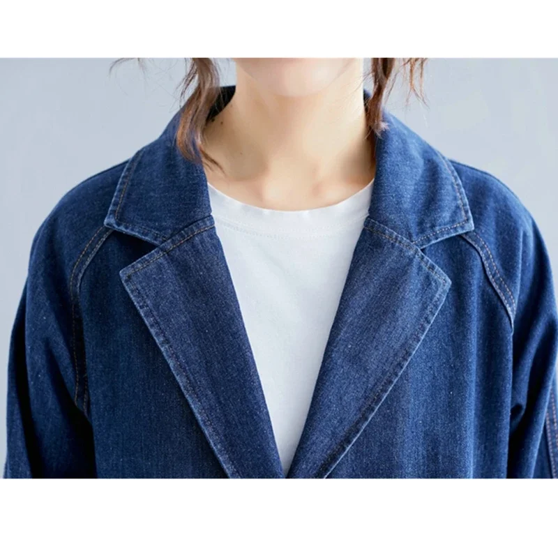 2024 Spring Autumn New Long Trench Coat Women Korean Long Sleeve Big Pocket Denim Windbreaker Women Vintage Solid Overcoat