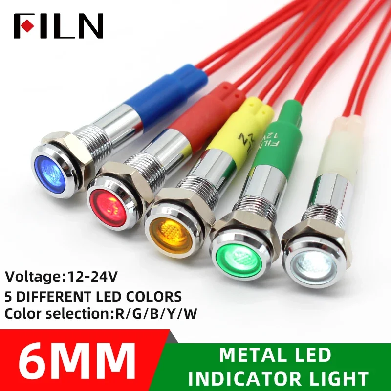 FILN 1pc 6mm mini 12v 24V LED metal indicator light flat signal lamp red green blue orange white with 20cm cable