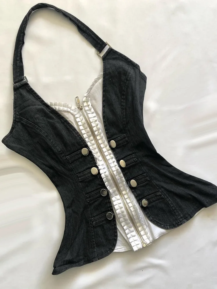 

Gothic Rose Original Retro Sexy Bla Ne Hanging Vest Patchwork Fake Two-Piece Slimming Top Summer Women's Faion Vest