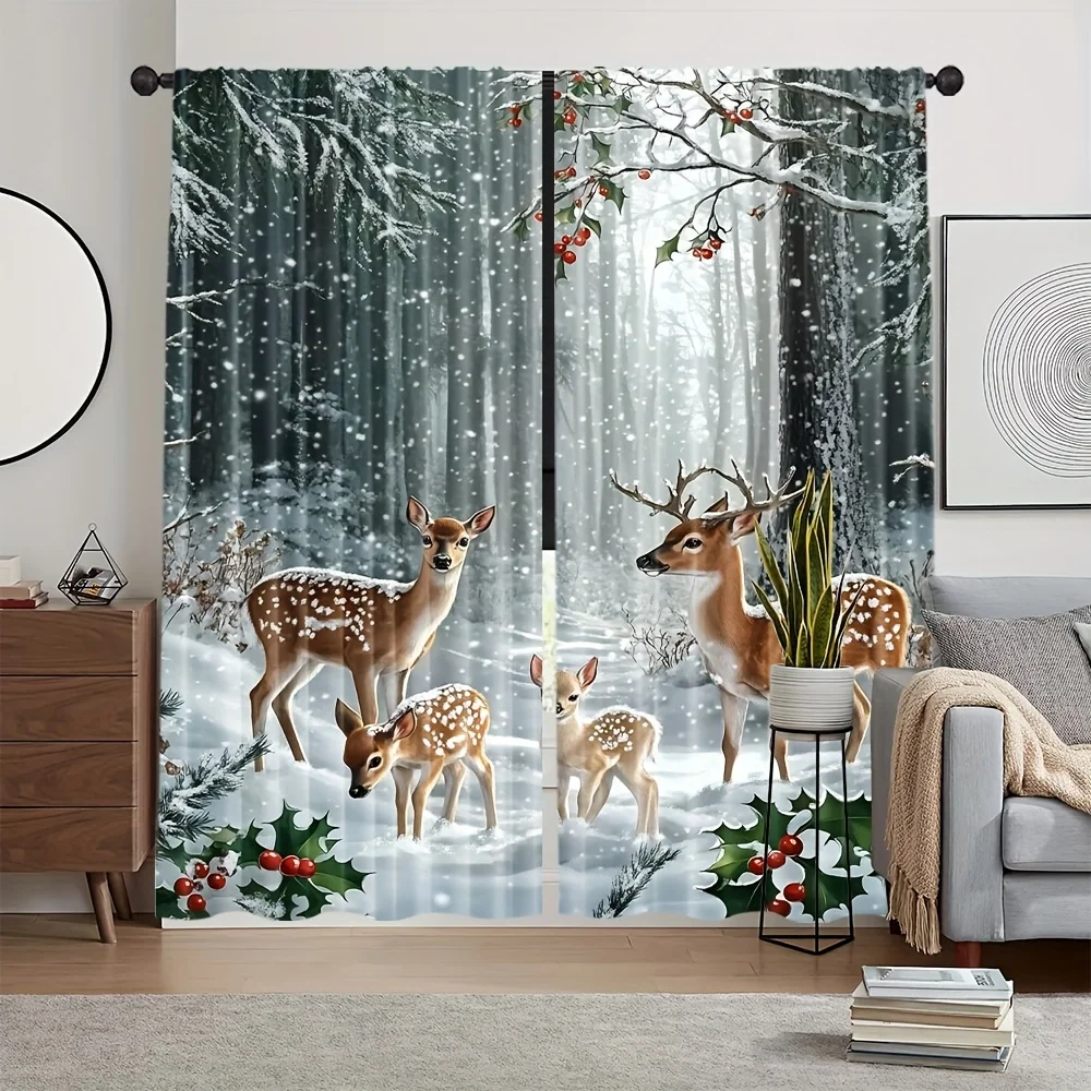 Winter Snow Deer Curtains 2 Panels, Family Spotted Fawns Snowy Pine Forest Holly Red Berry Snowflake Drapes Xmas Bedroom Decor