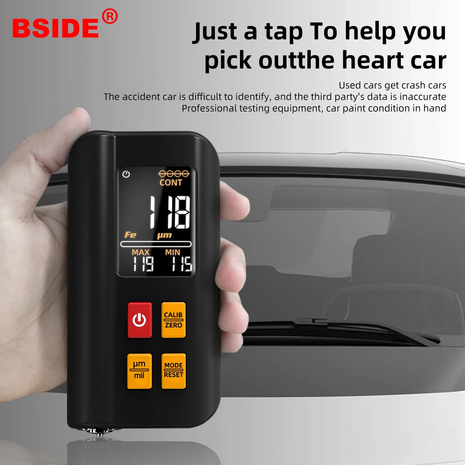 BSIDE Coating Thickness Gauge Rechargeable Car Paint Film Thickness Tester Tool 0.1micron/0-1500µm Fe/NFe MAX/MIN Zero Measuring