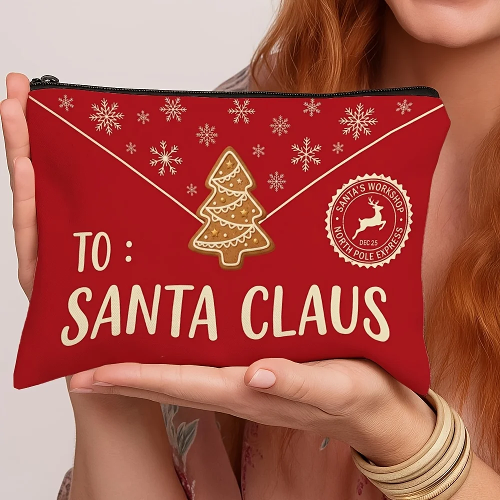 To Santa Claus Makeup Bag Red Envelope Gingerbread Tree Print Cosmetic Pouch Travel Storage Xmas Holiday Gift