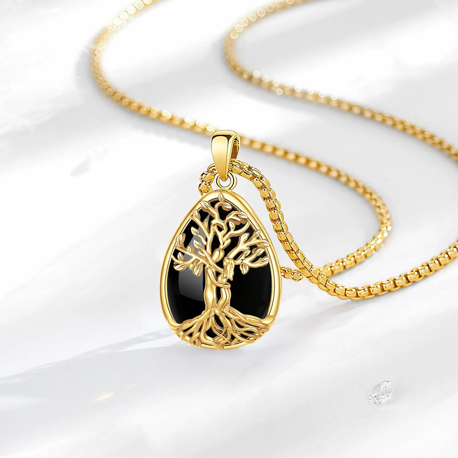 AEONSLOVE 18K الذهب لوحة شجرة الحياة قلادة دمعة سبج قلادة حجر الطاقة مجوهرات هدية عيد الحب للنساء الرجال #4