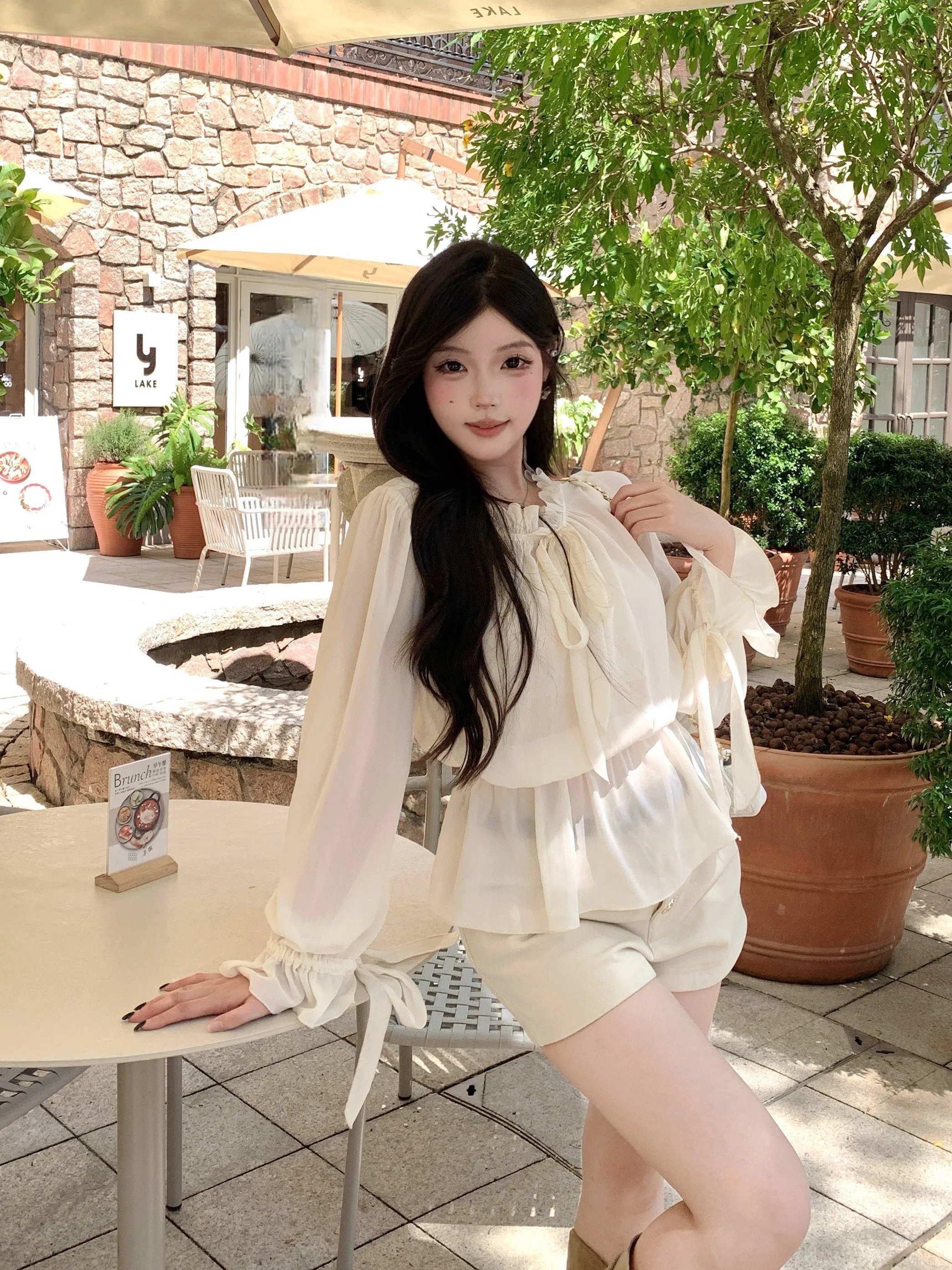 

Шикарный топ с V-образным вырезом, длинными рукавами и завышенной талией, из корейского полиэстерового жоржета, для молодых женщин