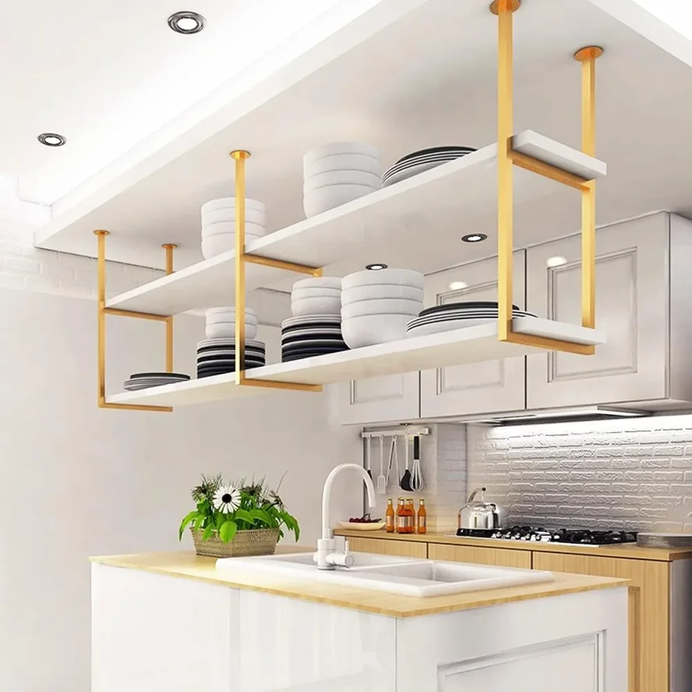 

Ceiling Hanging Shelves for Kitchen Pot Rack Wine Holder, Suspended Iron Art Storage Shelving Plants Flowers Decor Display Rack