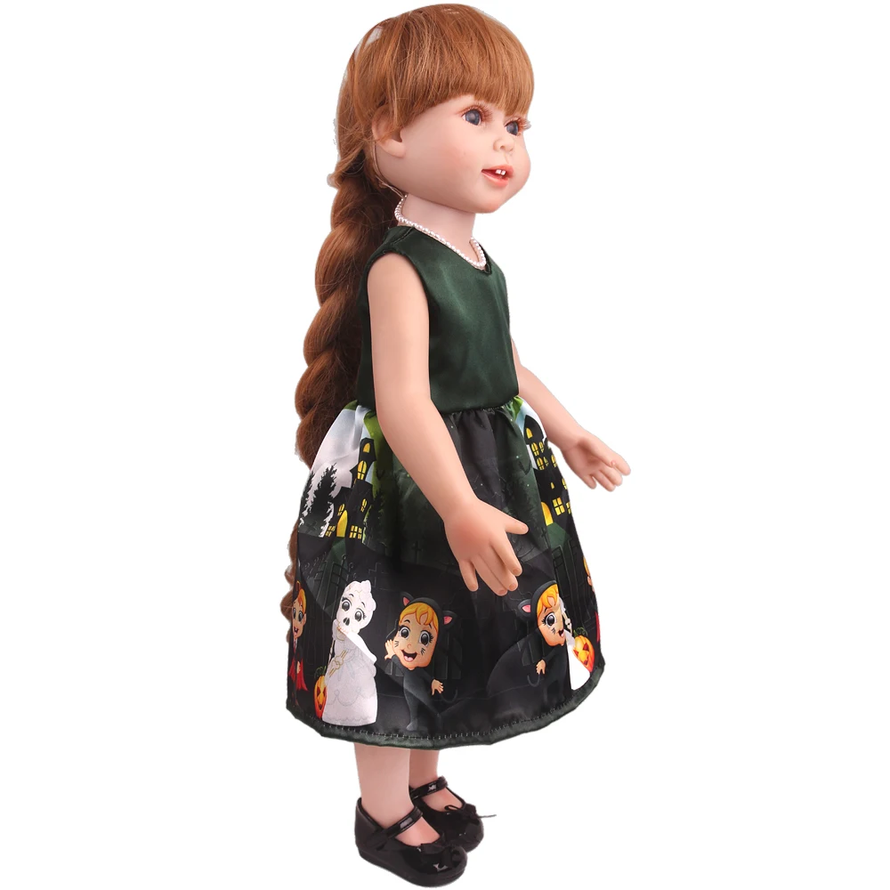 American 18 Inch Girl Dolls Halloween Print Dark Green Dress For Ours & Generation 43-45 Cm Baby Doll Skirt Kids Toys Clothes