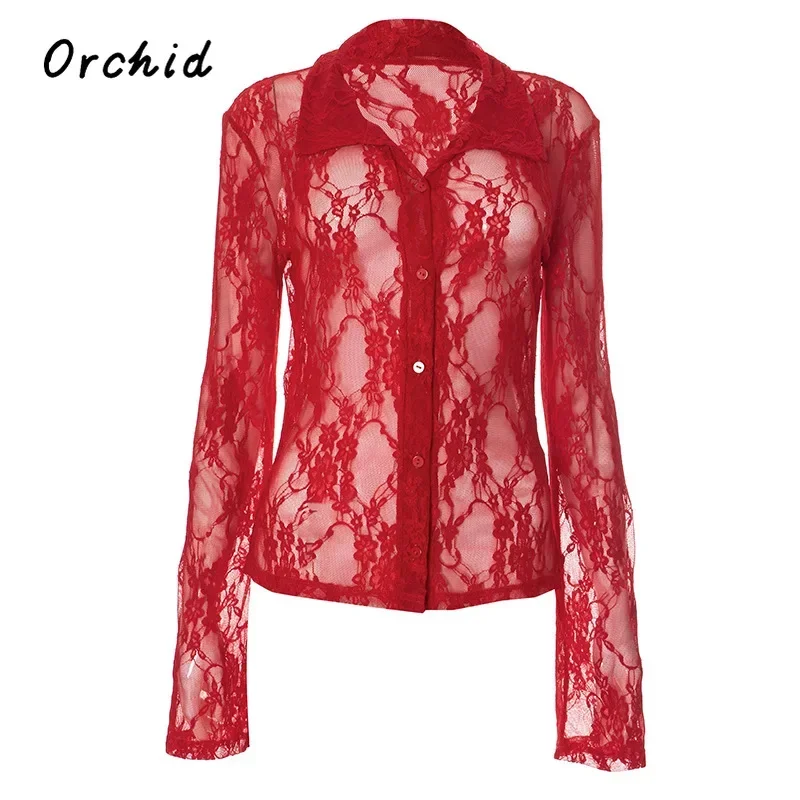 2025 Spring Hotsweet Coquette Turn-down Collar Long Sleeve Blouses Women's Casual Gyaru Fashion Lace Red Thin Soft Shirts