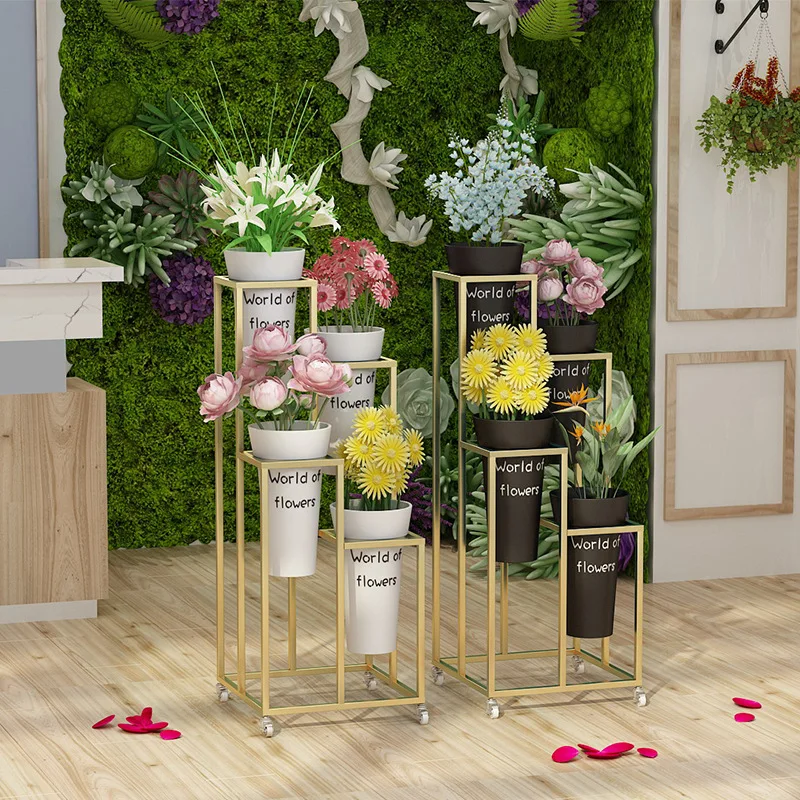 Florist Flower Stand Step Multi-layer Flower Wake Flower Display Stand Wrought Iron with Universal Wheel  Bucket
