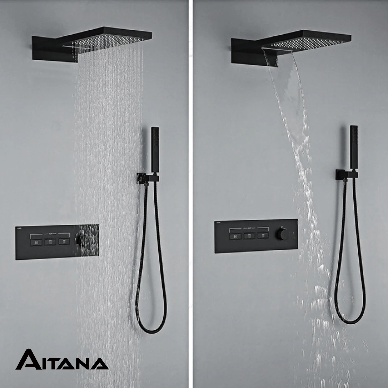 Torneira de Chuveiro de Latão Preto Simples High-end Interruptor de Chave de Design de Parede Cascata de Funções Sistema de Tomada de Água