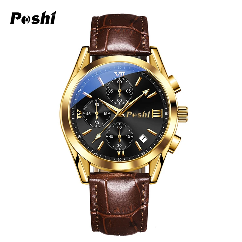 POSHI Original Men Quartz Watch Life Waterproof Luxury Leather Strap Quartz Movement with Date Mens Clock