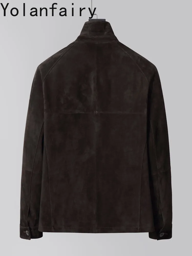 YOLANFAIRY Luxury 100% Real Sheepskin Suede Coat Man High Quality Lapel Genuine Men Leather Jacket Fashion Coffee Color abrigos