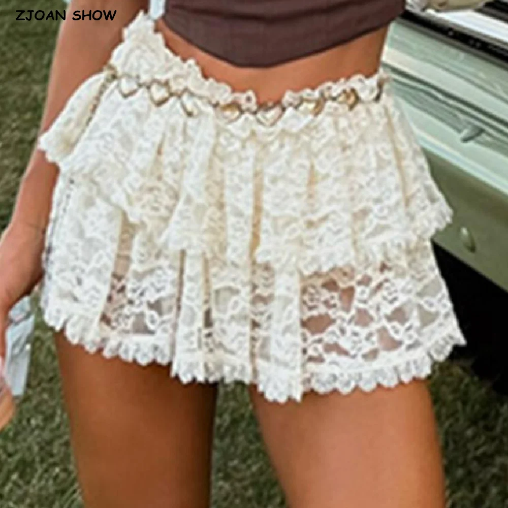 

2025 Sweet Women Hollow Out See Through Cascade Ruffles Lace Skirt Elastic Waist Saia Mini Short Cake Skirt Girl White