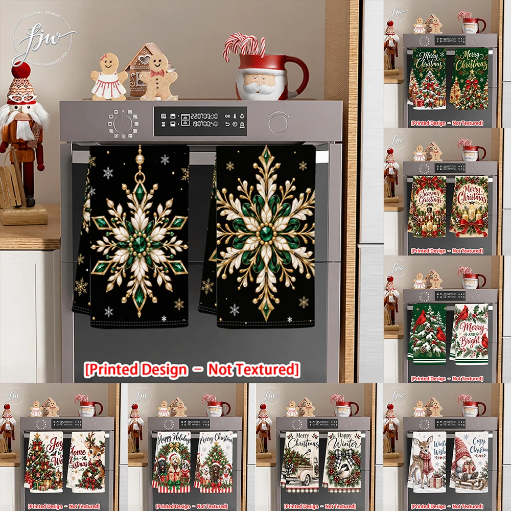 2pc Christmas Kitchen Towels Set, Festive Winter Holiday Dish Towels for Xmas Home Decor, Assorted Printed Tea Towels