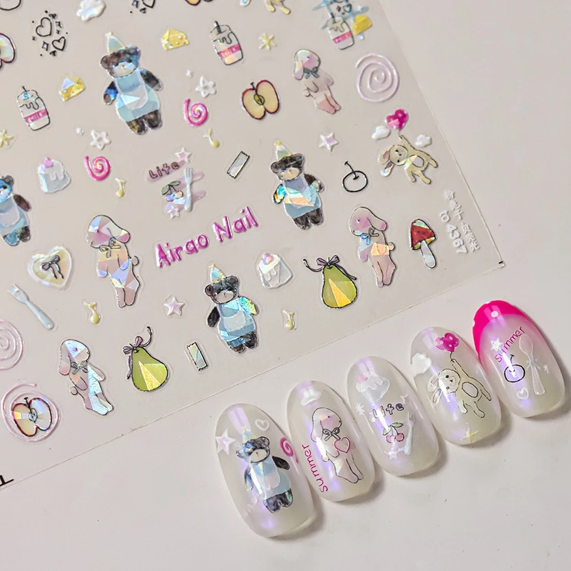 Cute Bear Shiny Bunny Love Heart Pear Apple Cake Food Rabbit Dog Cat Bowknot Star Nail Art Sticker DIY Decoration Manicure Decal