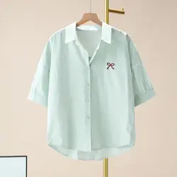 2024 Summer Korean Edition Simple Casual Loose Versatile Blouses Short Sleeved Striped Embroidered Polo Collar Women's Shirt Top