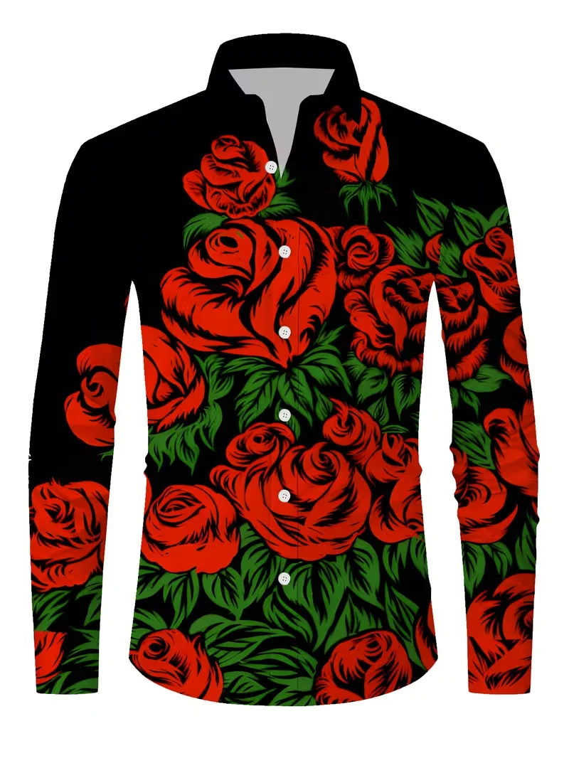 

Мужская рубашка с длинными рукавами и воротником с 3D-принтом роз, красочные брызго чернил, повседневная уличная модная рубашка с длинными рукавами