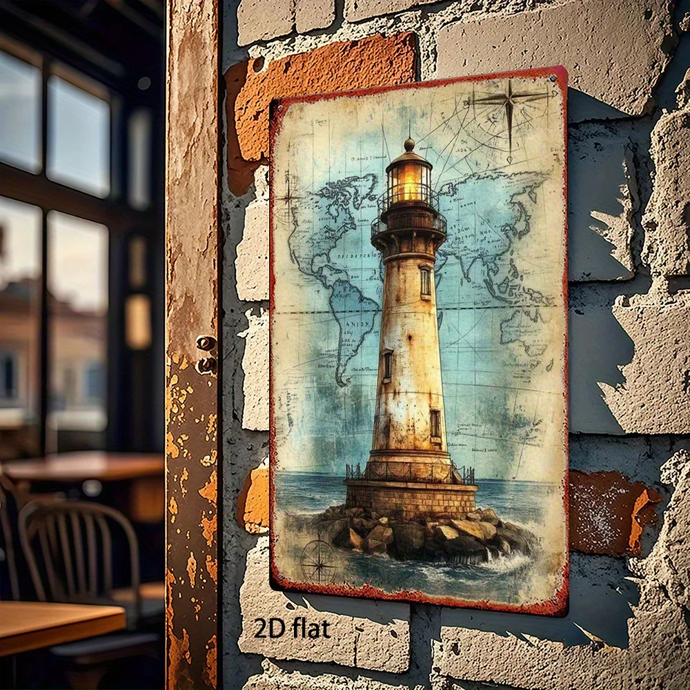 2026**2D Flat, 1pc Nautical Lighthouse Wall Decor - Vintage Maritime Lighthouse Beam Iron Metal Sign for Nautical Themed Room