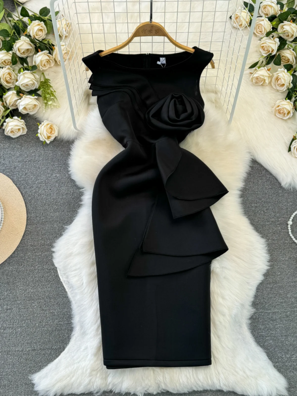 Ele Slimming Mid-Length Svel round Ne Floral Embellied Gown Faionable Luxury Women's Dr H-ape Silhouette