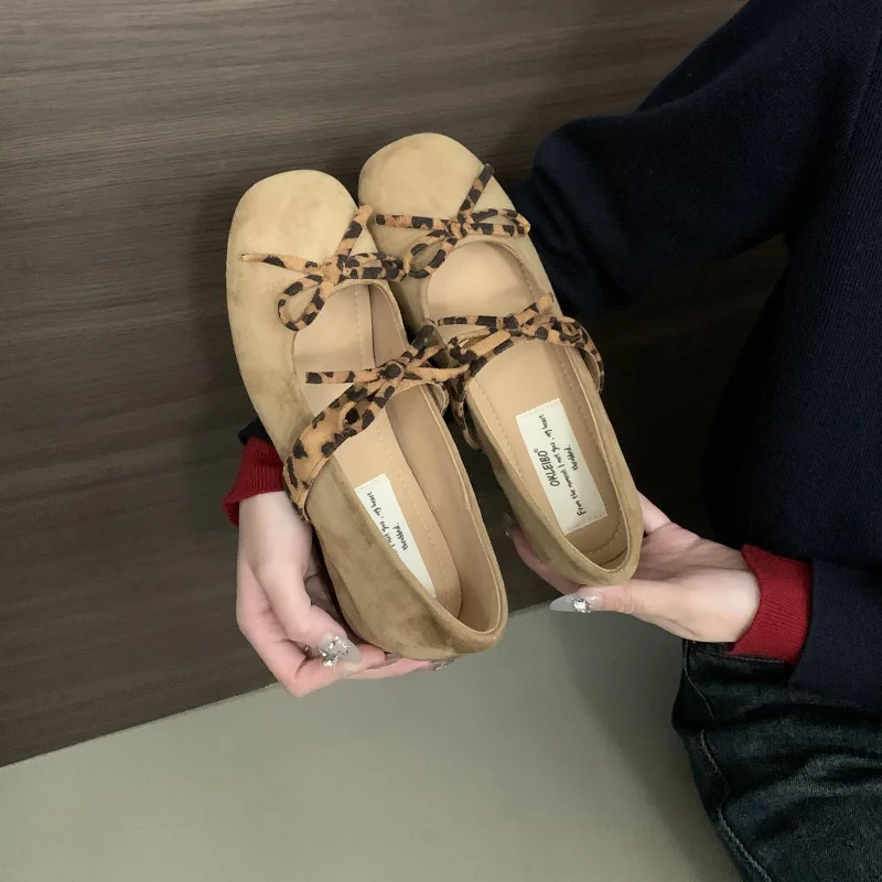 2025 Elegant Leopard Print Women Mary Jane Shoes Round Toe Bow-knot Comfort Internal Elevation Shoes Female Spring Soft Shoes