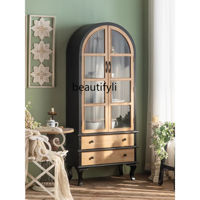 French Retro Solid Wood Bookcase Floor Pine Arch Glass Door Home Living Room Wine Cabinet Locker Integrated Wall furniture