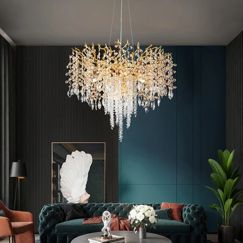 

Luxury Round K9 Crystal Chandelier For Kitchen Table Island Living Room Bedroom Modern Gold Tree Branch Hanging Ceiling Lamp