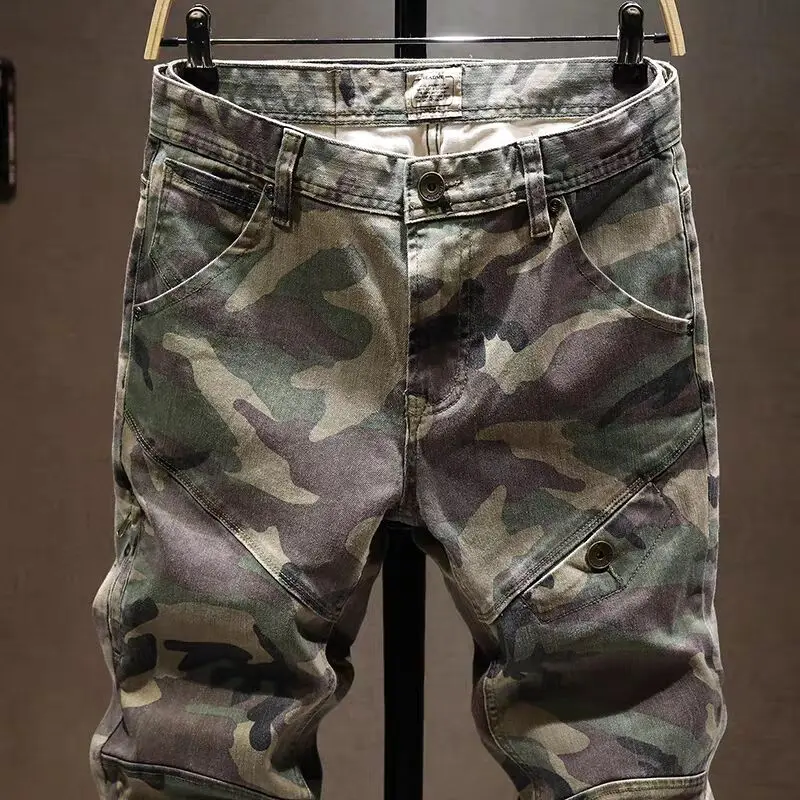 Street Designer Fashion Men Jeans Stretch Slim Fit Spliced Camo Cargo Pants Street Hip Hop Vintage Casual Denim Pants Hombre