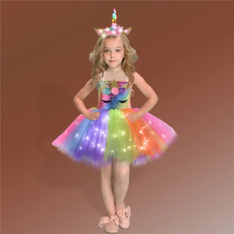 Rainbow unicorn dress girls LED light flower birthday party Tutu outfits kids Halloween Christmas Unicorn costume with headband