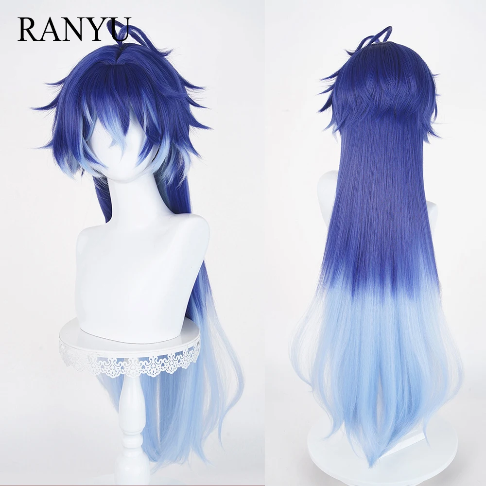 Ombre Blue Anime Game Cosplay Synthetic Wigs with Bangs Long Straight Layered Heat Resistant Wig for Daily Party