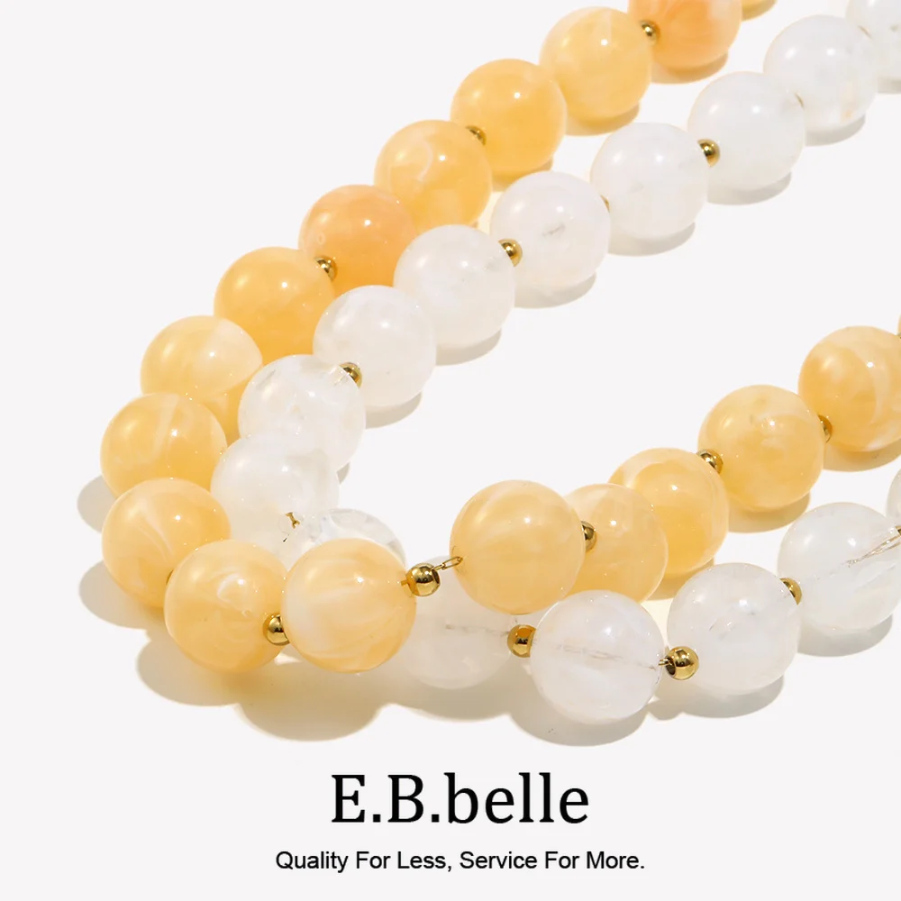 E.B.belle Weiß-Beige-Acryl-Perlen-Halskette mit kleinen gelben Perlen, Edelstahl, niedlicher Stil, vergoldeter Schmuck, Anzug als Geschenk