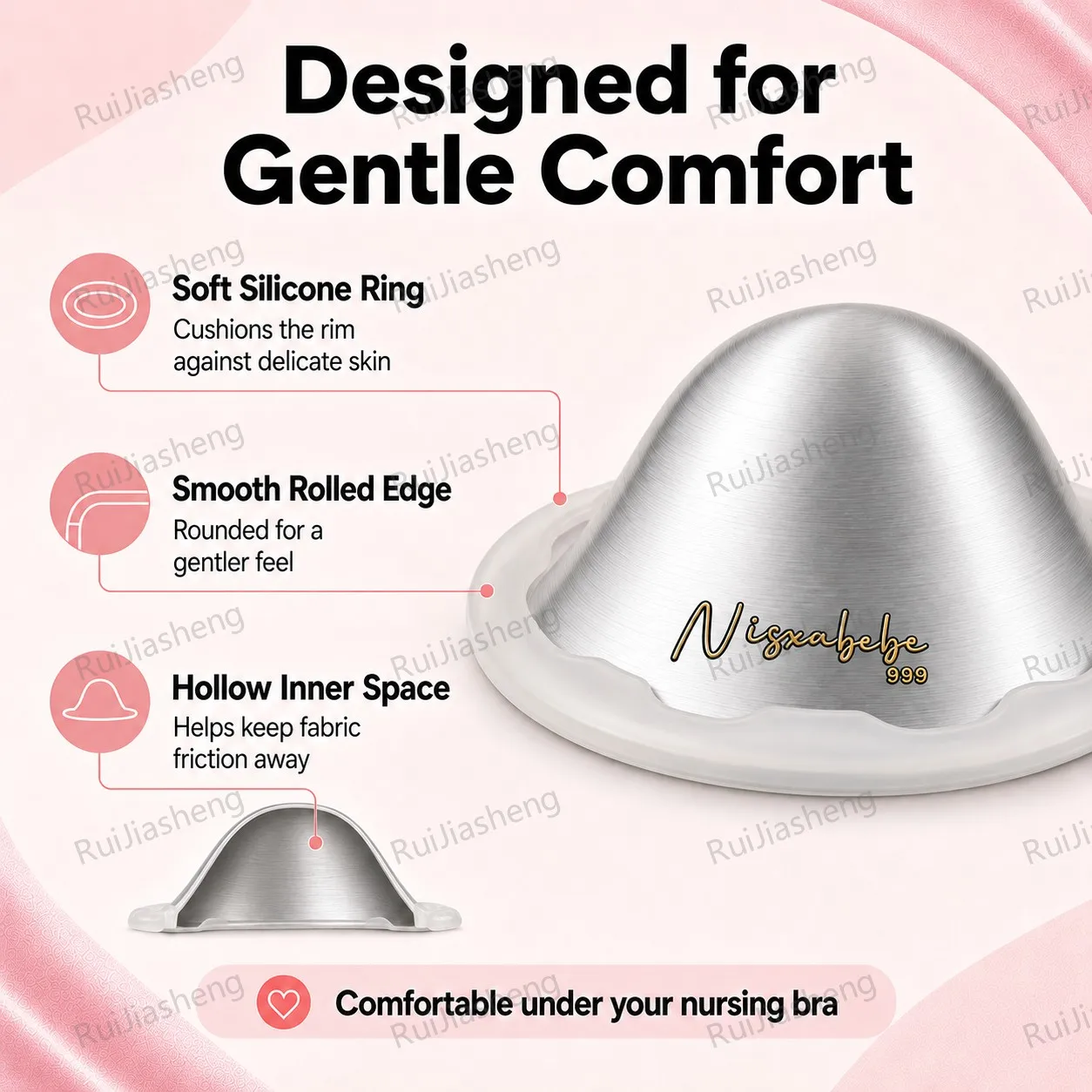The Original Silvery Nursing Cups, 2 Pcs Trilaminate Silver Nipple Shields with 2 Silicone Proctect Rings for Breastfeeding
