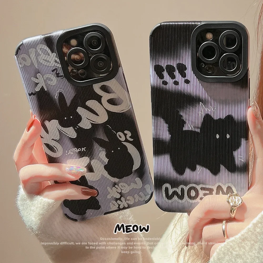 Retro Stripes black cat rabbit kitten bunny art Phone case For iPhone 15 14 13 11 12 Pro Max Xr 14 15 Plus case Cute Soft Cover