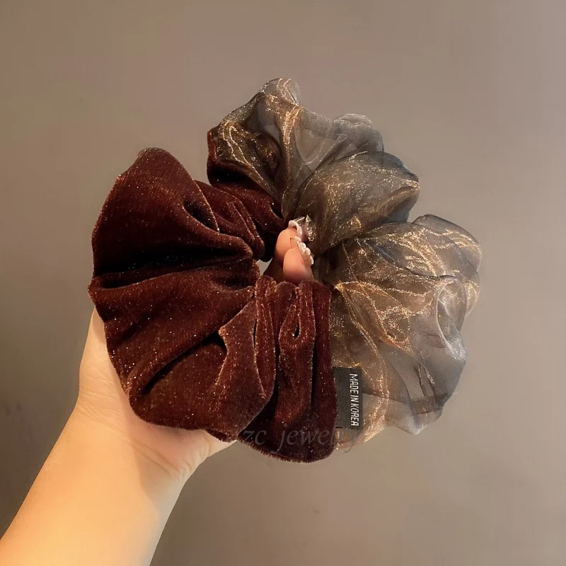 

2025New Korean Style Black Velvet Fine Glitter Splicing Organza Elegant Scrunchie Hair Tie Hair Accessory for Women