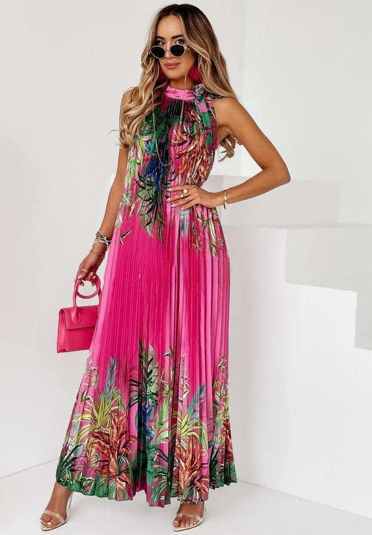 Bohemian pleated print beach dress 2023 Summer loose sleeveless stand collar halter lace-up loose yellow maxi dress