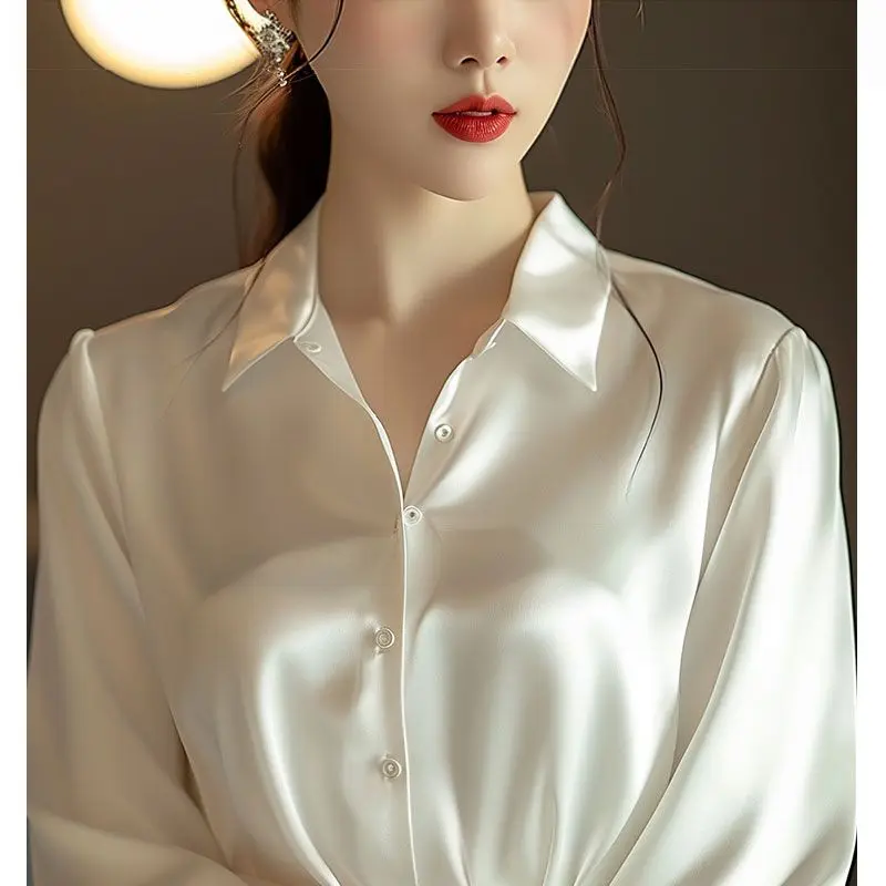 Women\'s Spring 2024 Vintage Turndown Collar Elegant Fashion French Style Button Fashion Solid Color Simple Commuter Satin Shirt