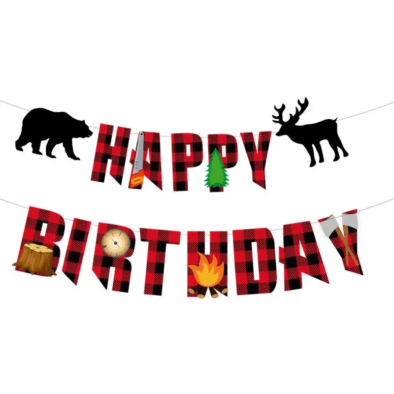 Lumberjack Happy Birthday Banner Forest Animals Timber Buffalo Plaid Balloons for Lumberjack Birthday Party Decorations