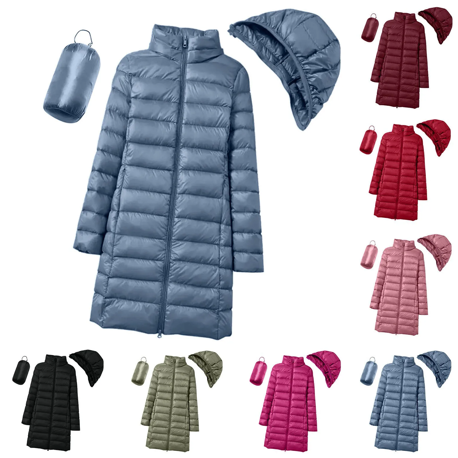 Wasserdichter, mittellanger Puffermantel für Damen, leichter Windjacke-Daunenmantel mit abnehmbarer Kapuze, lässige Steppjacke mit Reißverschluss